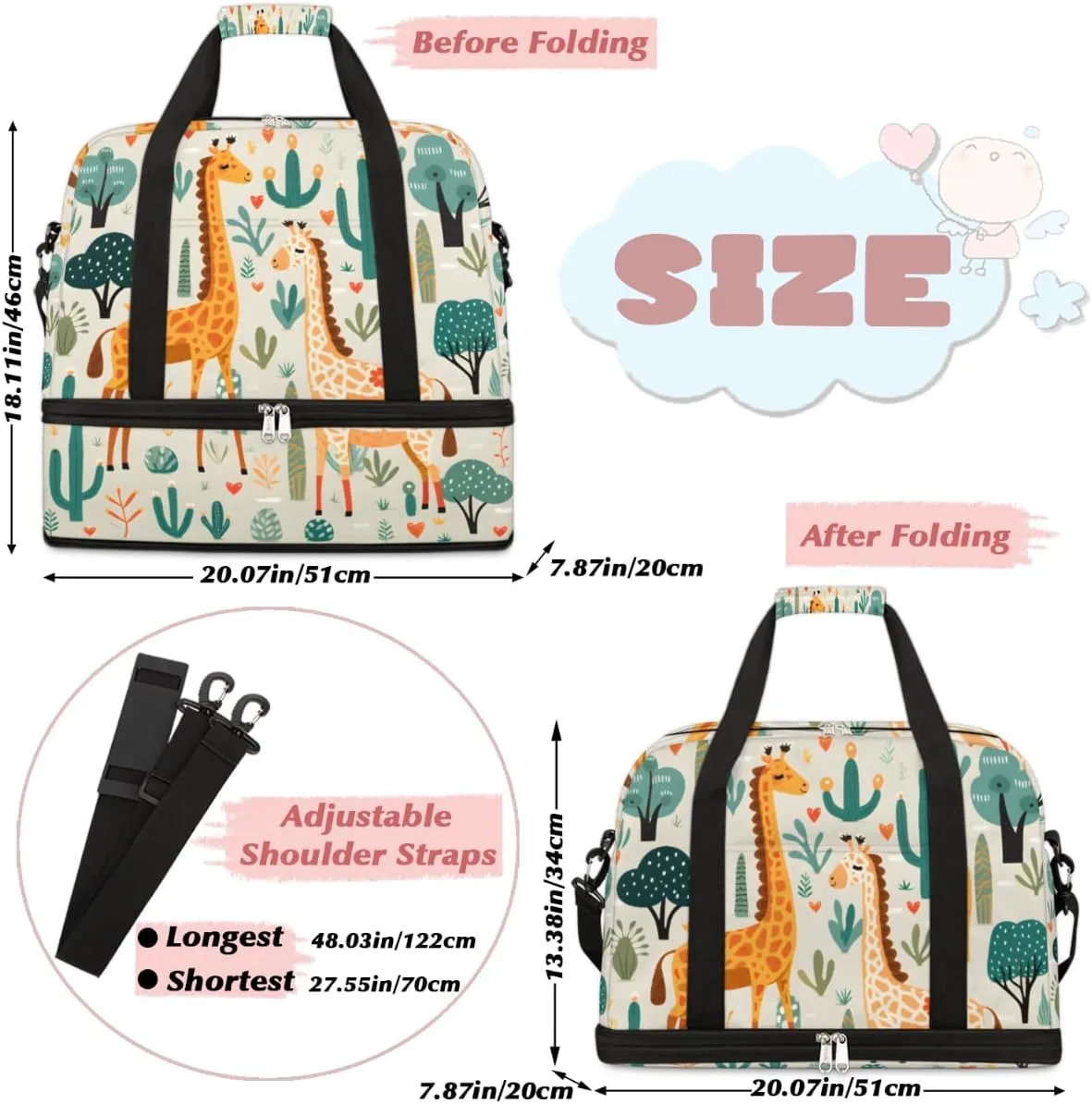 Giraffe Print Pattern Foldable Travel Duffel Bag Overnight Weekender Bag with Shoes Compartment Sports Gym Bag for Men Women