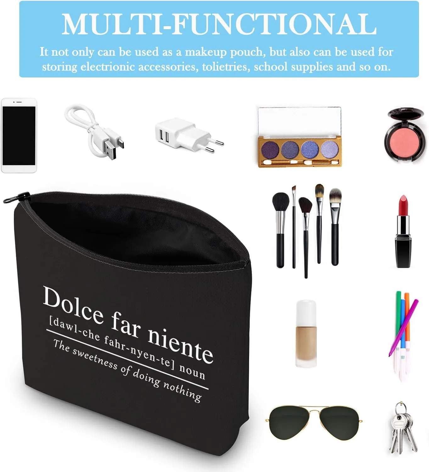 GJTIM Italian Themed gift Sweet Doing Nothing Italian quote gift Dolce far Niente Italy Lover gift Zipper Pouch Travel Bag (Dolce far Niente Black)