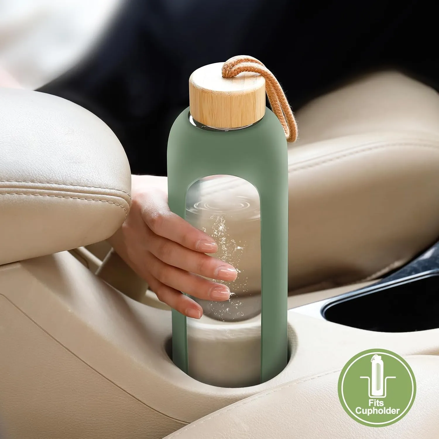 Glass Water Bottles 32 oz - Motivational Drinking Glass Water Bottle with Silicone Sleeve, Straw & 2 Bamboo Lids - 1 Liter Clear Borosilicate Daily Intake Tumbler with Time Marker - Olive