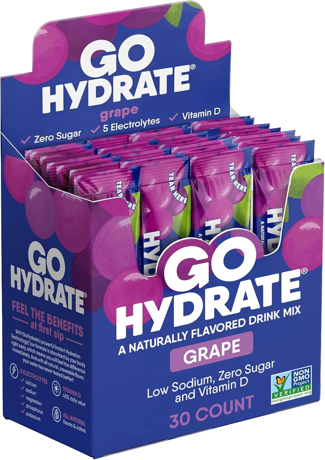 GoHydrate Instant Hydration Powder Packets - Low Sodium Electrolytes Drink Mix - Natural Hydration Support, Sugar Free Electrolyte Flavored Powder Drink with Vitamin D, 30 Packs, Grape