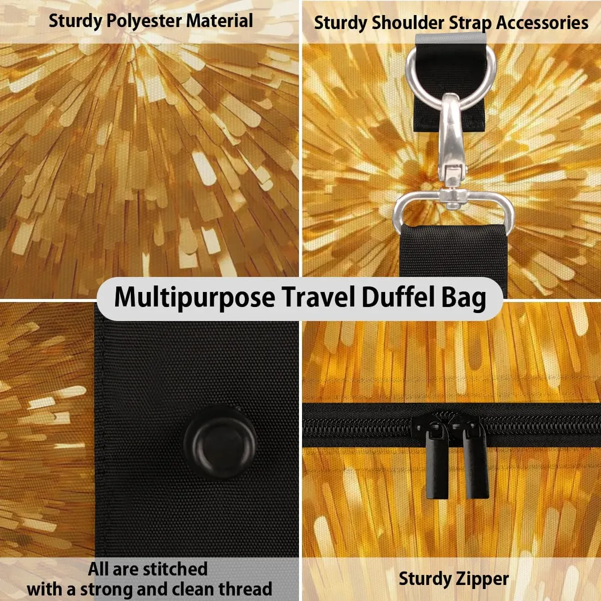 Golden Print Travel Duffel Bag for Women Men Waterproof Foldable Overnight Weekender Bag Large Capacity Sports Gym Bag