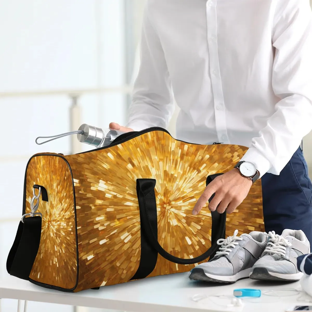 Golden Print Travel Duffel Bag for Women Men Waterproof Foldable Overnight Weekender Bag Large Capacity Sports Gym Bag