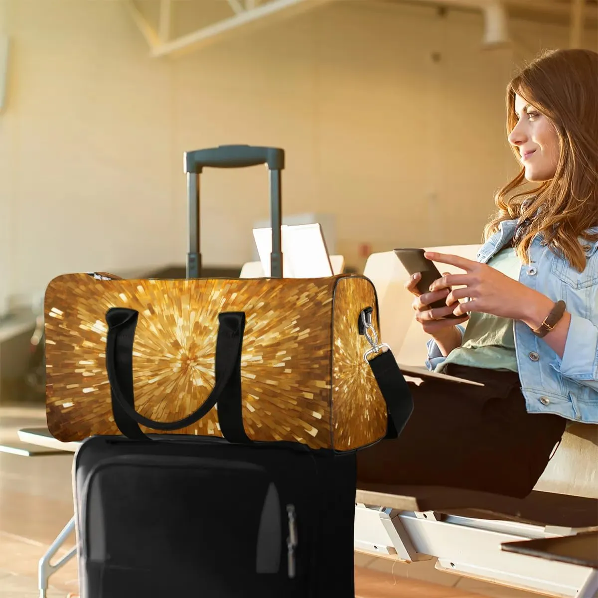 Golden Print Travel Duffel Bag for Women Men Waterproof Foldable Overnight Weekender Bag Large Capacity Sports Gym Bag