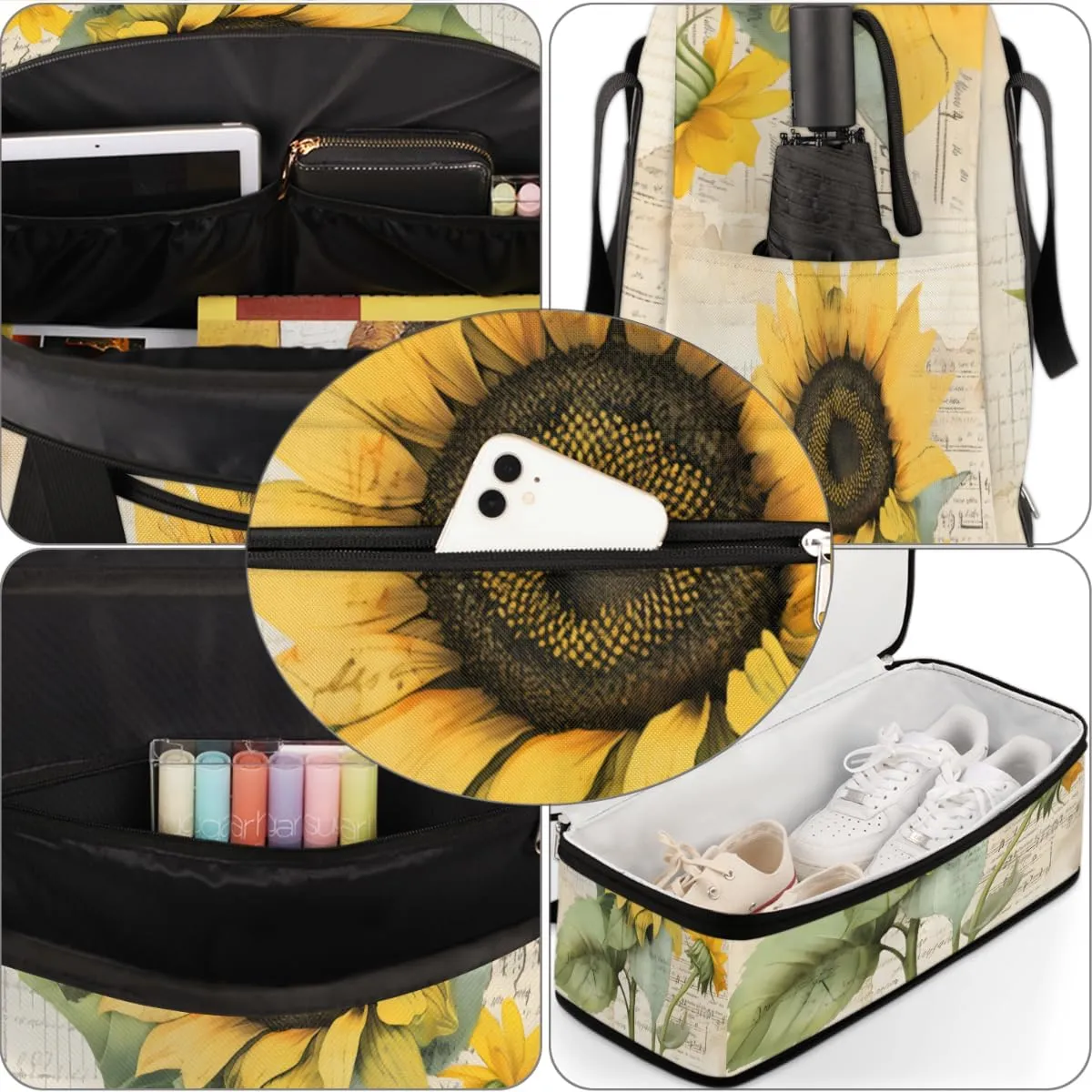 Golden Sunflower Prints Foldable Duffle Bag with Shoes Compartment Large Capacity Waterproof Travel Weekender Bag Overnight Bag for Sports Gym