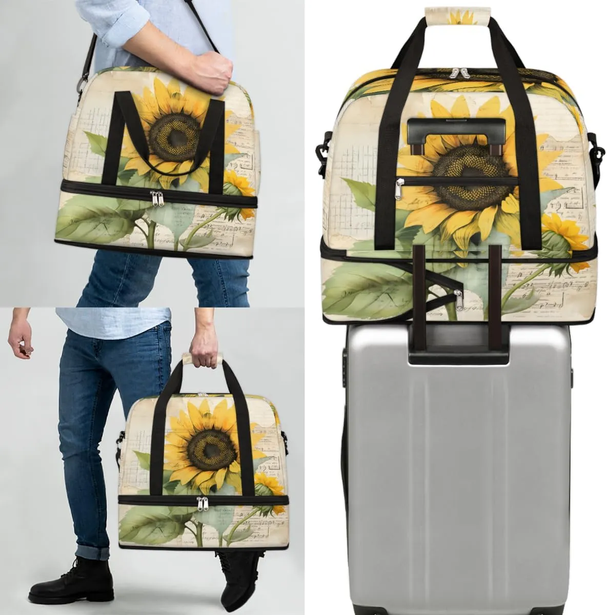 Golden Sunflower Prints Foldable Duffle Bag with Shoes Compartment Large Capacity Waterproof Travel Weekender Bag Overnight Bag for Sports Gym