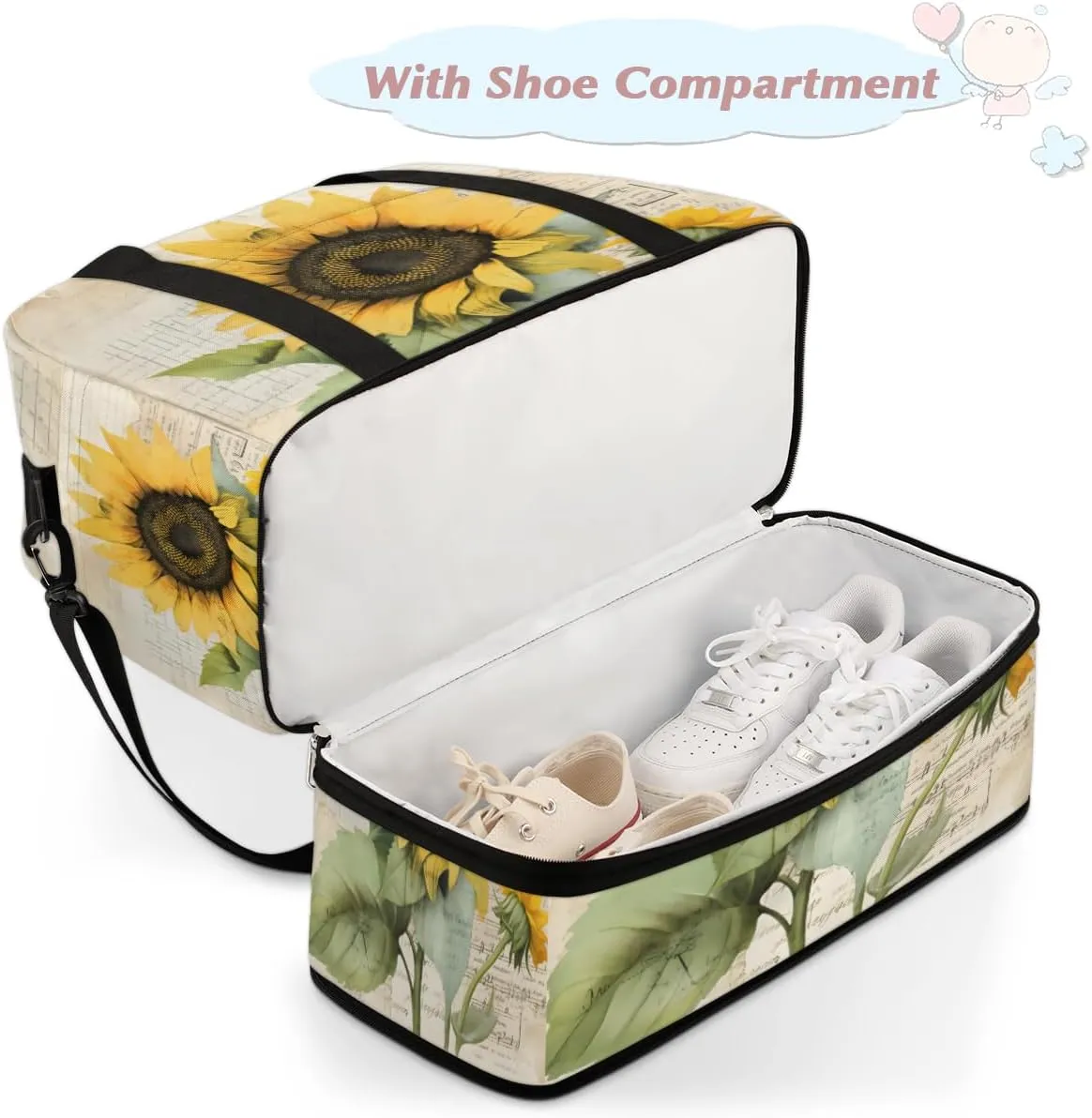 Golden Sunflower Prints Foldable Duffle Bag with Shoes Compartment Large Capacity Waterproof Travel Weekender Bag Overnight Bag for Sports Gym