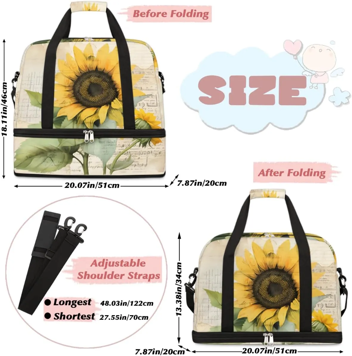 Golden Sunflower Prints Foldable Duffle Bag with Shoes Compartment Large Capacity Waterproof Travel Weekender Bag Overnight Bag for Sports Gym