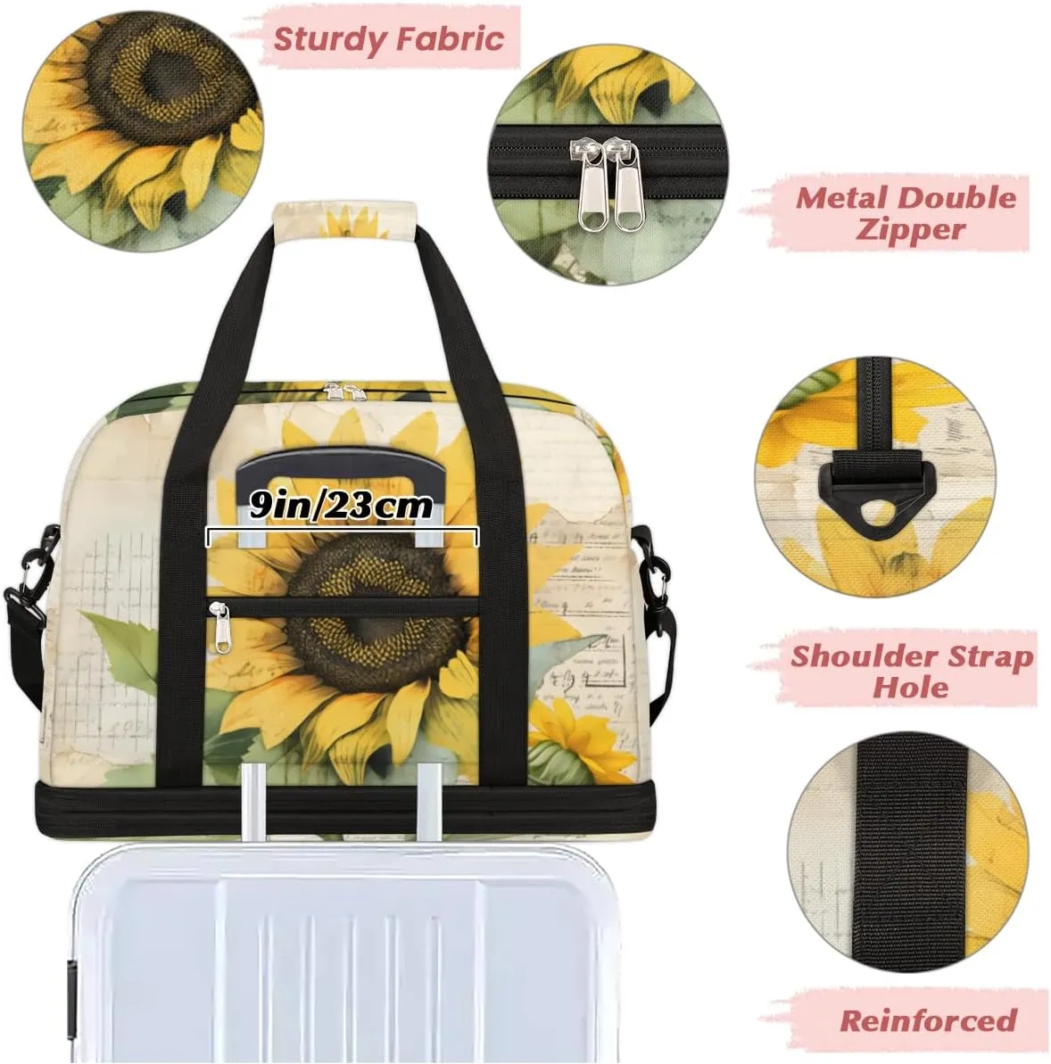 Golden Sunflower Prints Foldable Duffle Bag with Shoes Compartment Large Capacity Waterproof Travel Weekender Bag Overnight Bag for Sports Gym