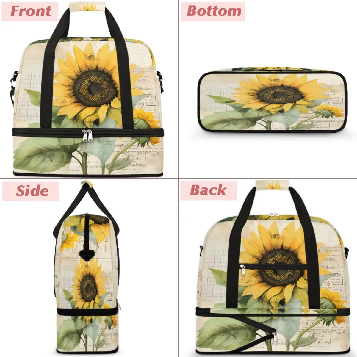 Golden Sunflower Prints Foldable Duffle Bag with Shoes Compartment Large Capacity Waterproof Travel Weekender Bag Overnight Bag for Sports Gym