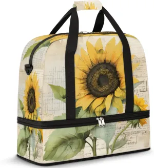 Golden Sunflower Prints Foldable Duffle Bag with Shoes Compartment Large Capacity Waterproof Travel Weekender Bag Overnight Bag for Sports Gym