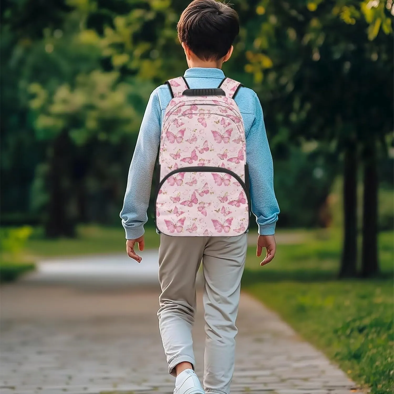 Gomyblomy Pink Butterflies Backpack for Girls Aesthetic School Bag for Elementary Kindergarten Kawaii Kids Bookbag with Adjustable Strap Lightweight Preschoolers Back Packs
