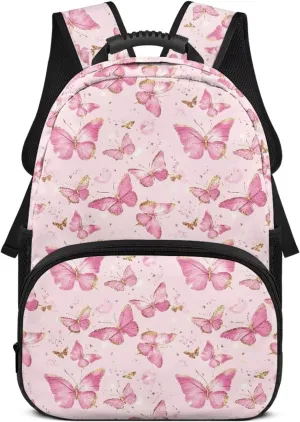 Gomyblomy Pink Butterflies Backpack for Girls Aesthetic School Bag for Elementary Kindergarten Kawaii Kids Bookbag with Adjustable Strap Lightweight Preschoolers Back Packs
