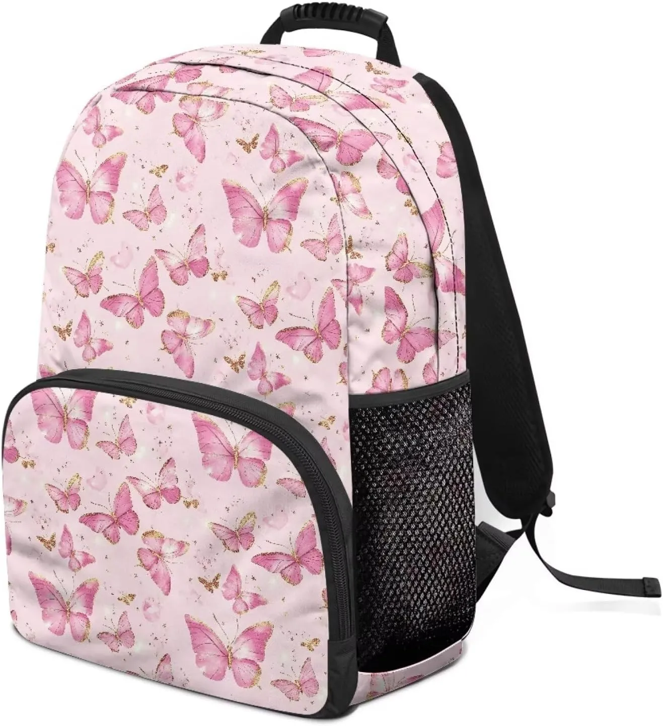 Gomyblomy Pink Butterflies Backpack for Girls Aesthetic School Bag for Elementary Kindergarten Kawaii Kids Bookbag with Adjustable Strap Lightweight Preschoolers Back Packs