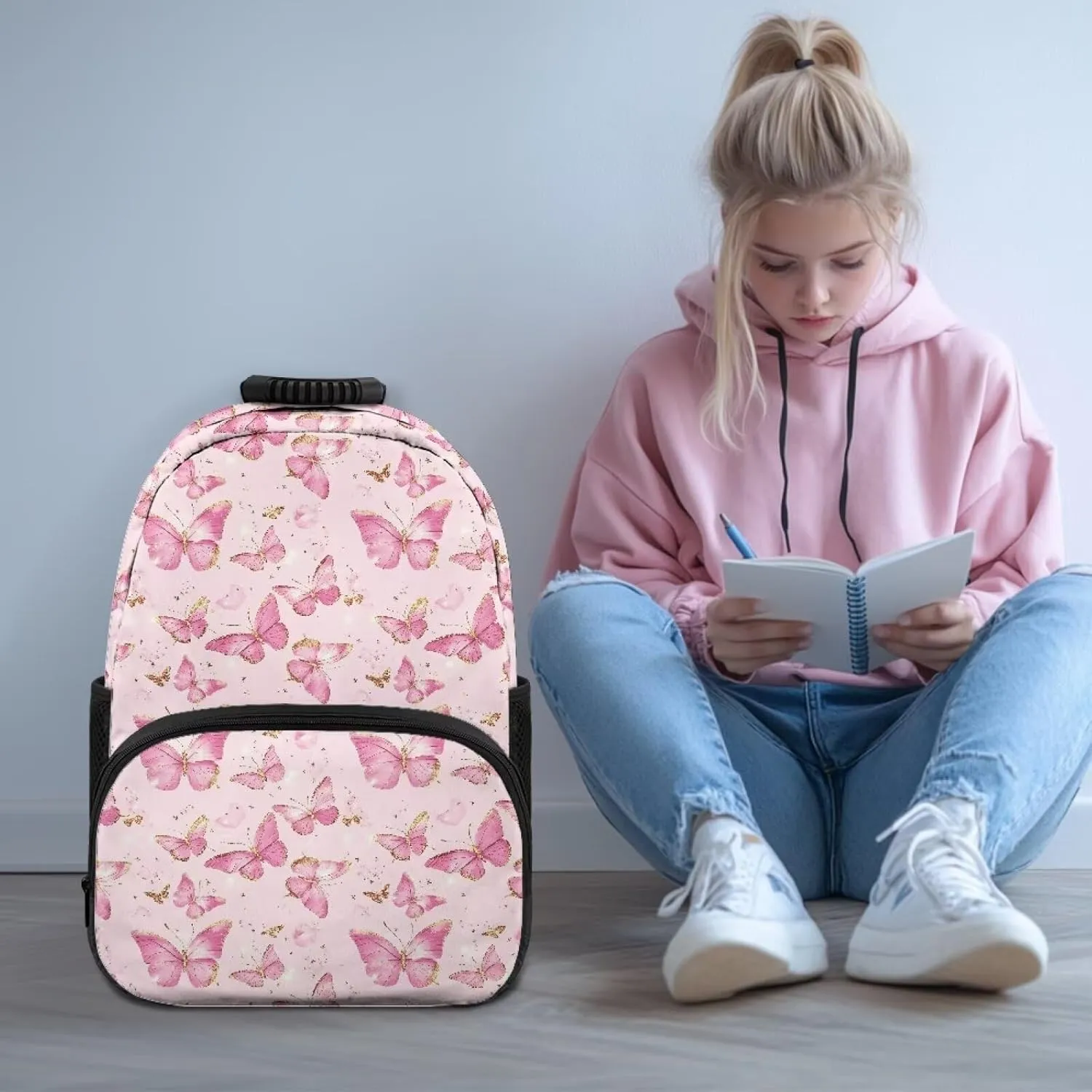 Gomyblomy Pink Butterflies Backpack for Girls Aesthetic School Bag for Elementary Kindergarten Kawaii Kids Bookbag with Adjustable Strap Lightweight Preschoolers Back Packs
