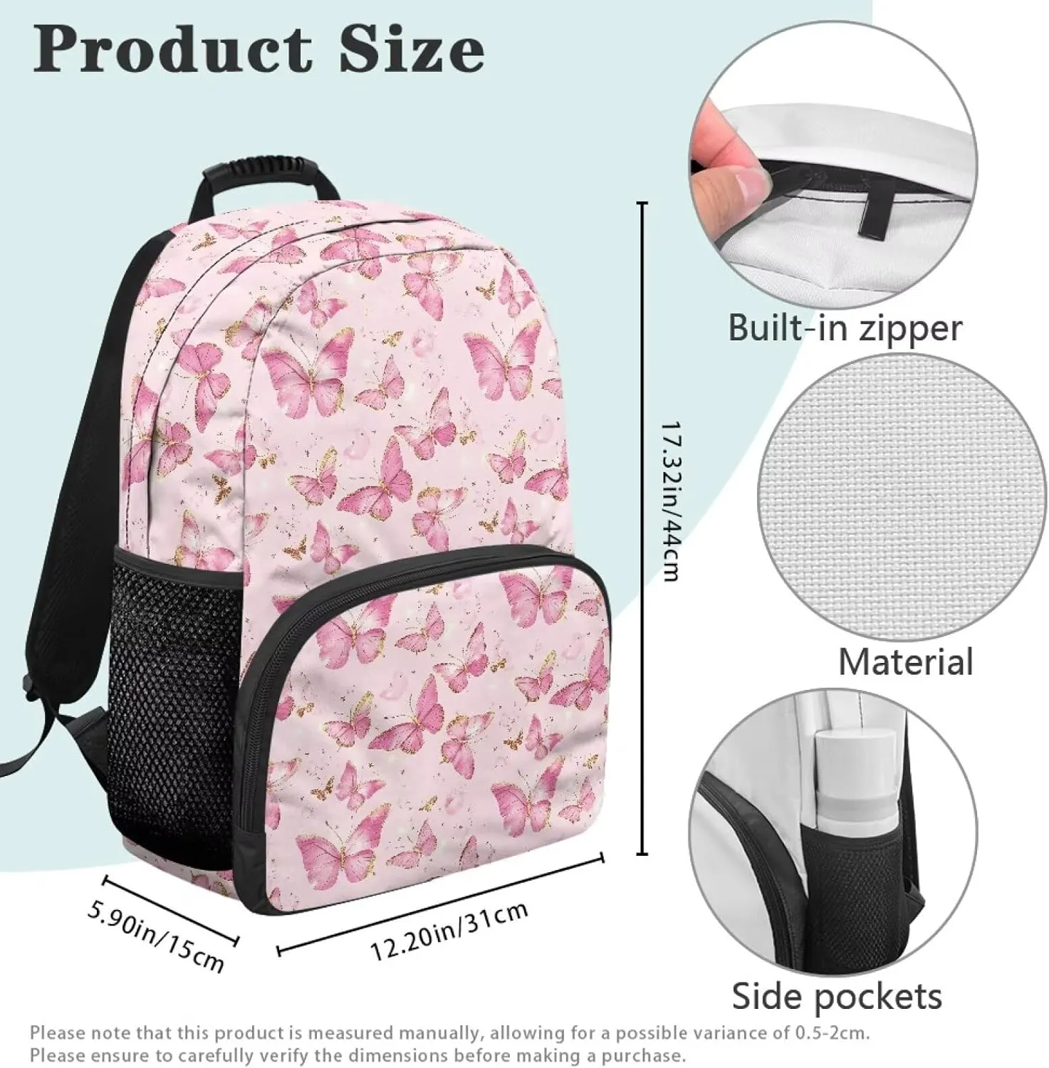 Gomyblomy Pink Butterflies Backpack for Girls Aesthetic School Bag for Elementary Kindergarten Kawaii Kids Bookbag with Adjustable Strap Lightweight Preschoolers Back Packs