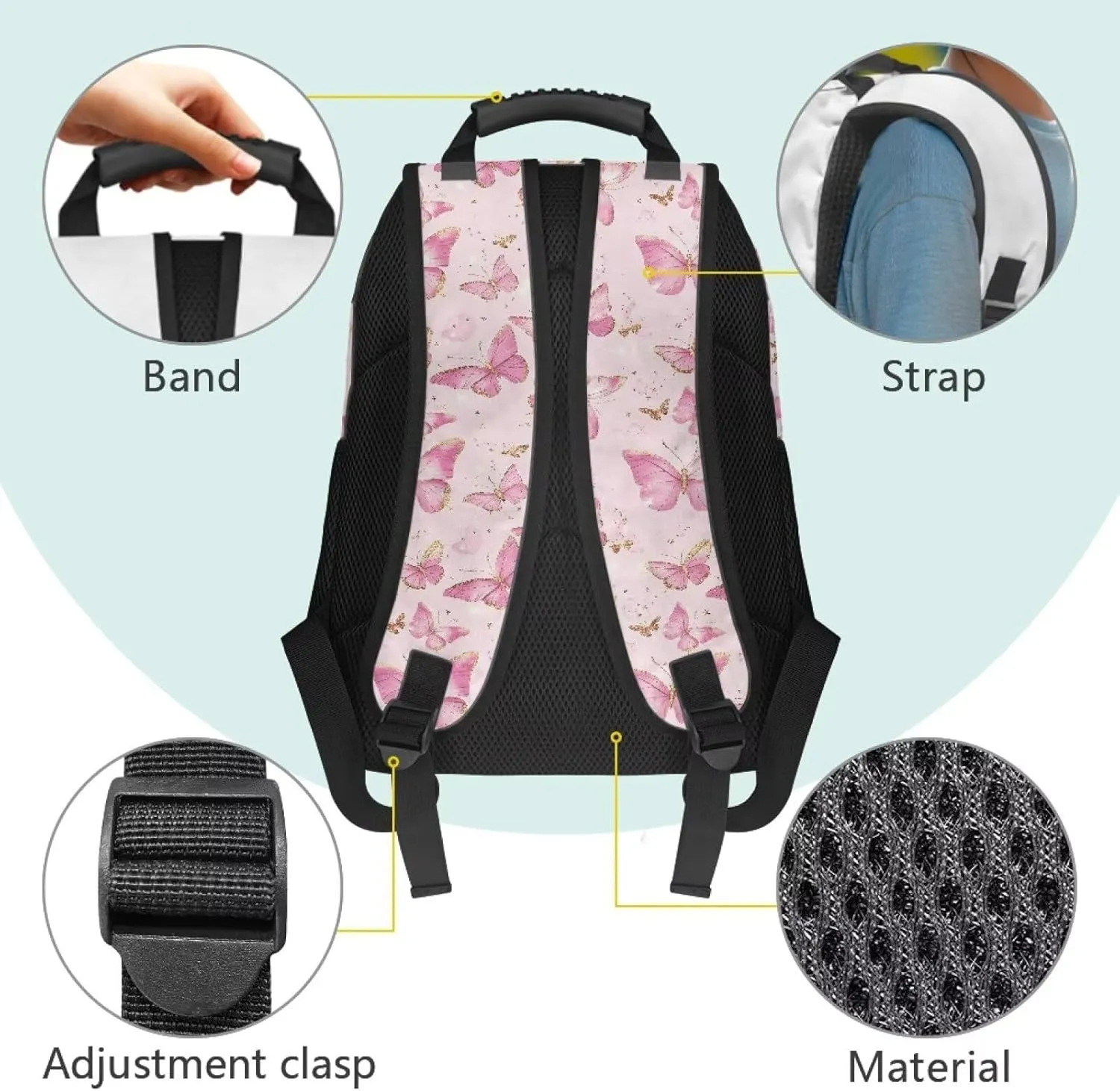 Gomyblomy Pink Butterflies Backpack for Girls Aesthetic School Bag for Elementary Kindergarten Kawaii Kids Bookbag with Adjustable Strap Lightweight Preschoolers Back Packs