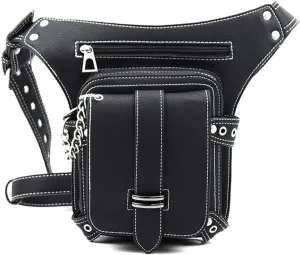 Gothic Waist Bag Fanny Pack Leather Steampunk Bag Purse Chain Leg Bag Crossbody Shoulder Messenger Hip Pouch (D51)