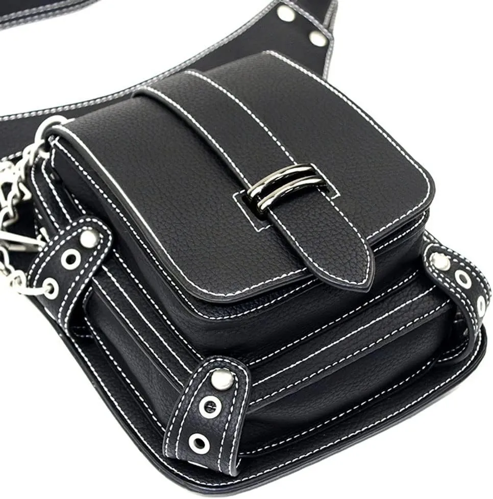 Gothic Waist Bag Fanny Pack Leather Steampunk Bag Purse Chain Leg Bag Crossbody Shoulder Messenger Hip Pouch (D51)