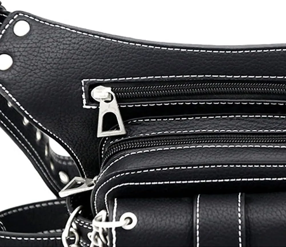 Gothic Waist Bag Fanny Pack Leather Steampunk Bag Purse Chain Leg Bag Crossbody Shoulder Messenger Hip Pouch (D51)