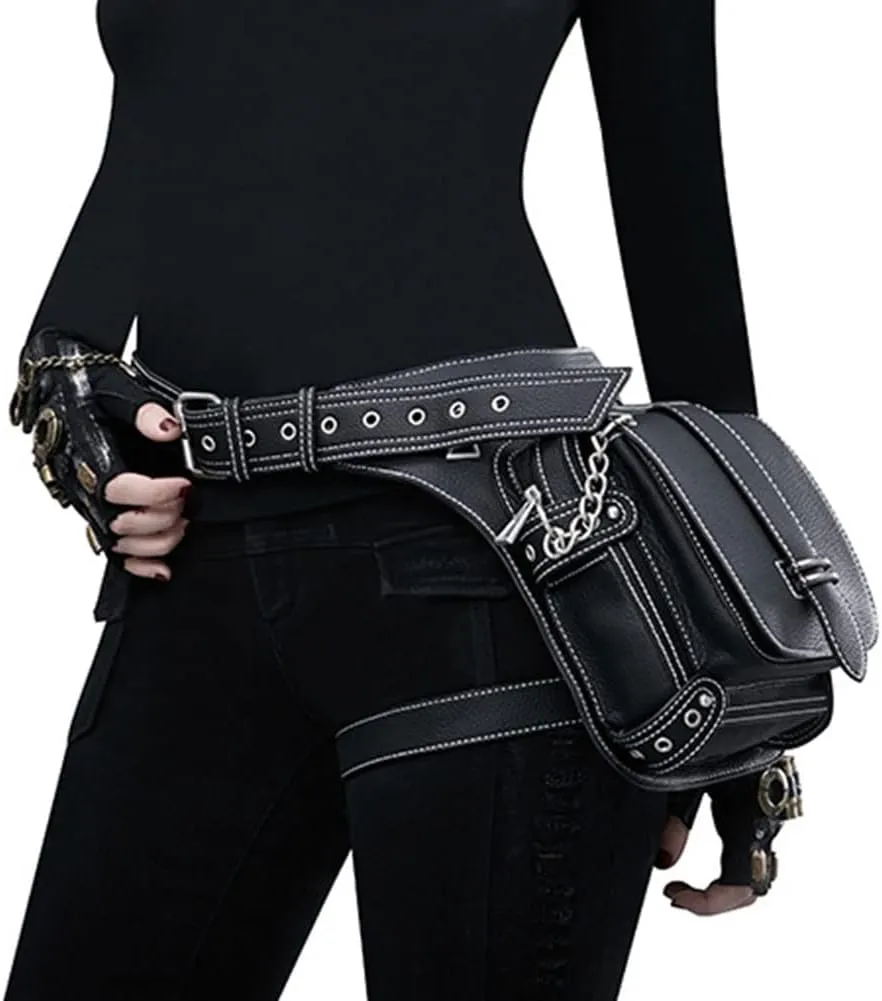 Gothic Waist Bag Fanny Pack Leather Steampunk Bag Purse Chain Leg Bag Crossbody Shoulder Messenger Hip Pouch (D51)