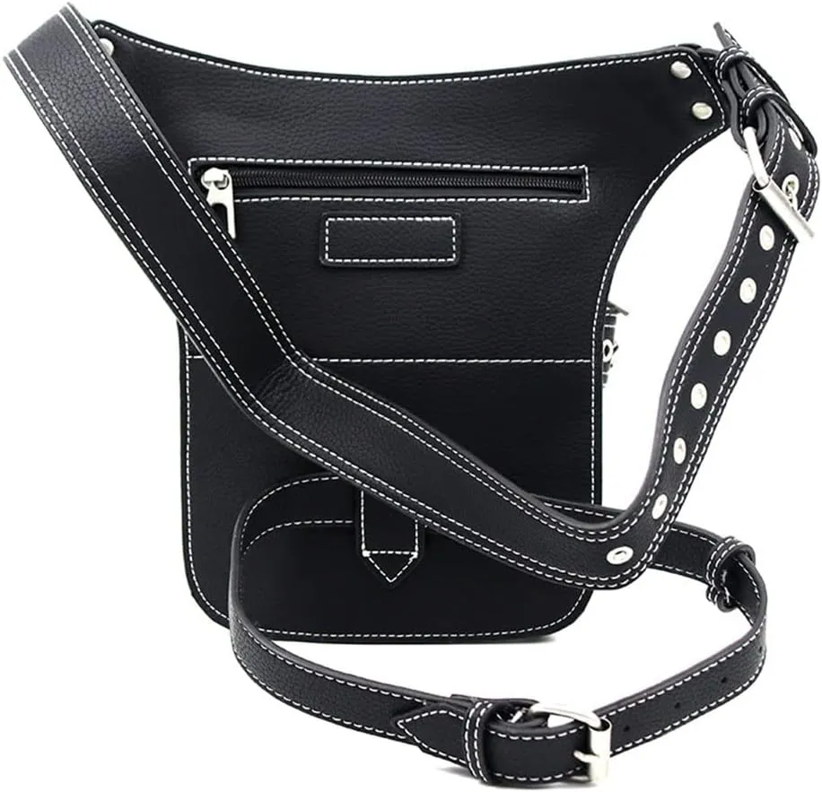 Gothic Waist Bag Fanny Pack Leather Steampunk Bag Purse Chain Leg Bag Crossbody Shoulder Messenger Hip Pouch (D51)