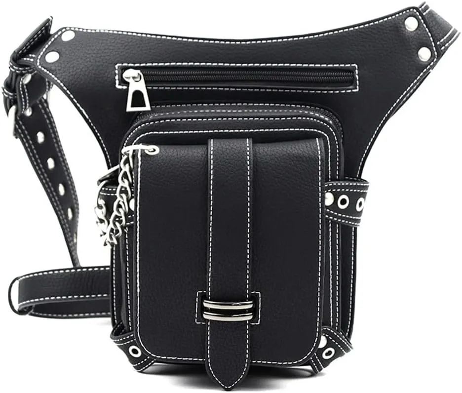 Gothic Waist Bag Fanny Pack Leather Steampunk Bag Purse Chain Leg Bag Crossbody Shoulder Messenger Hip Pouch (D51)