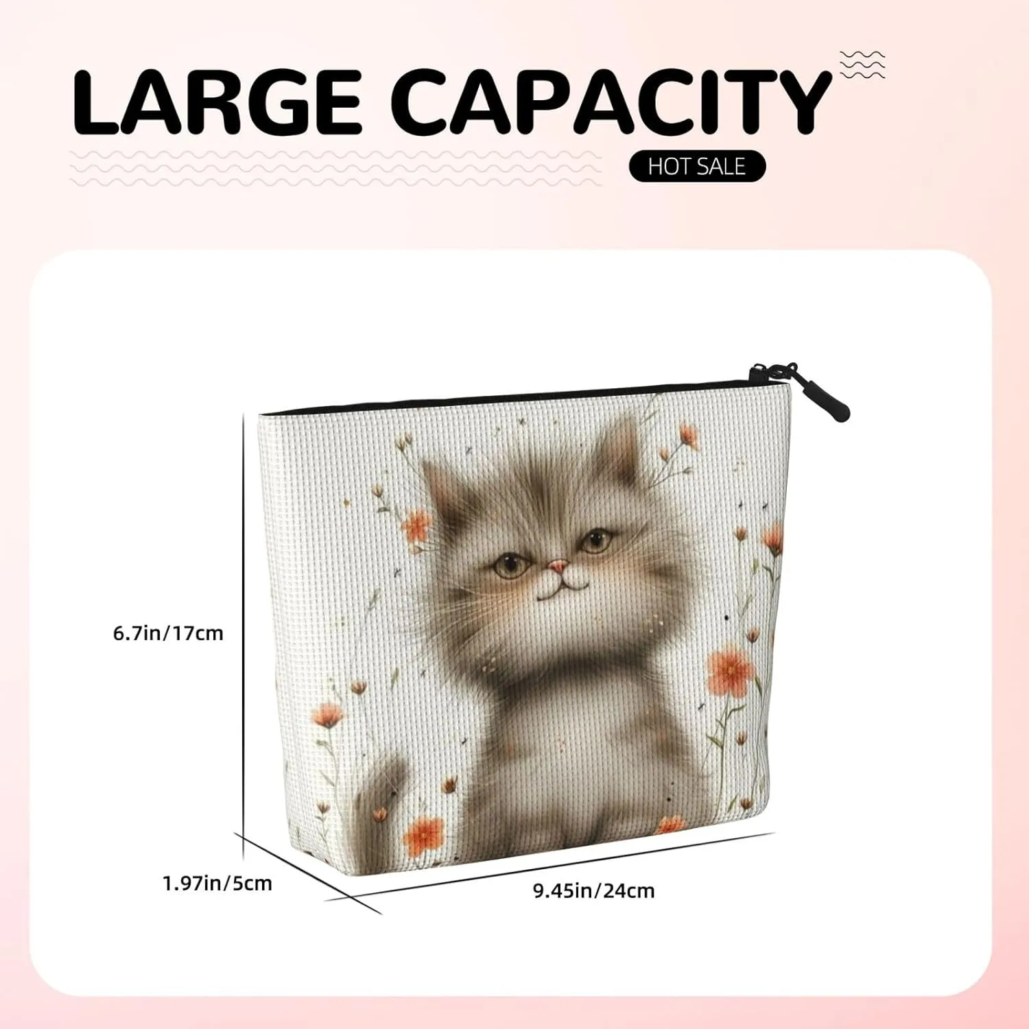 Gray Cat Makeup Bag, Large Capacity Travel Makeup Bag For Women, Waterproof Single-Ply Imitation Hemp Portable Zipper Cosmetic Bag, Travel Essentials Toiletry Bag，Cosmetic Organizer Pouch