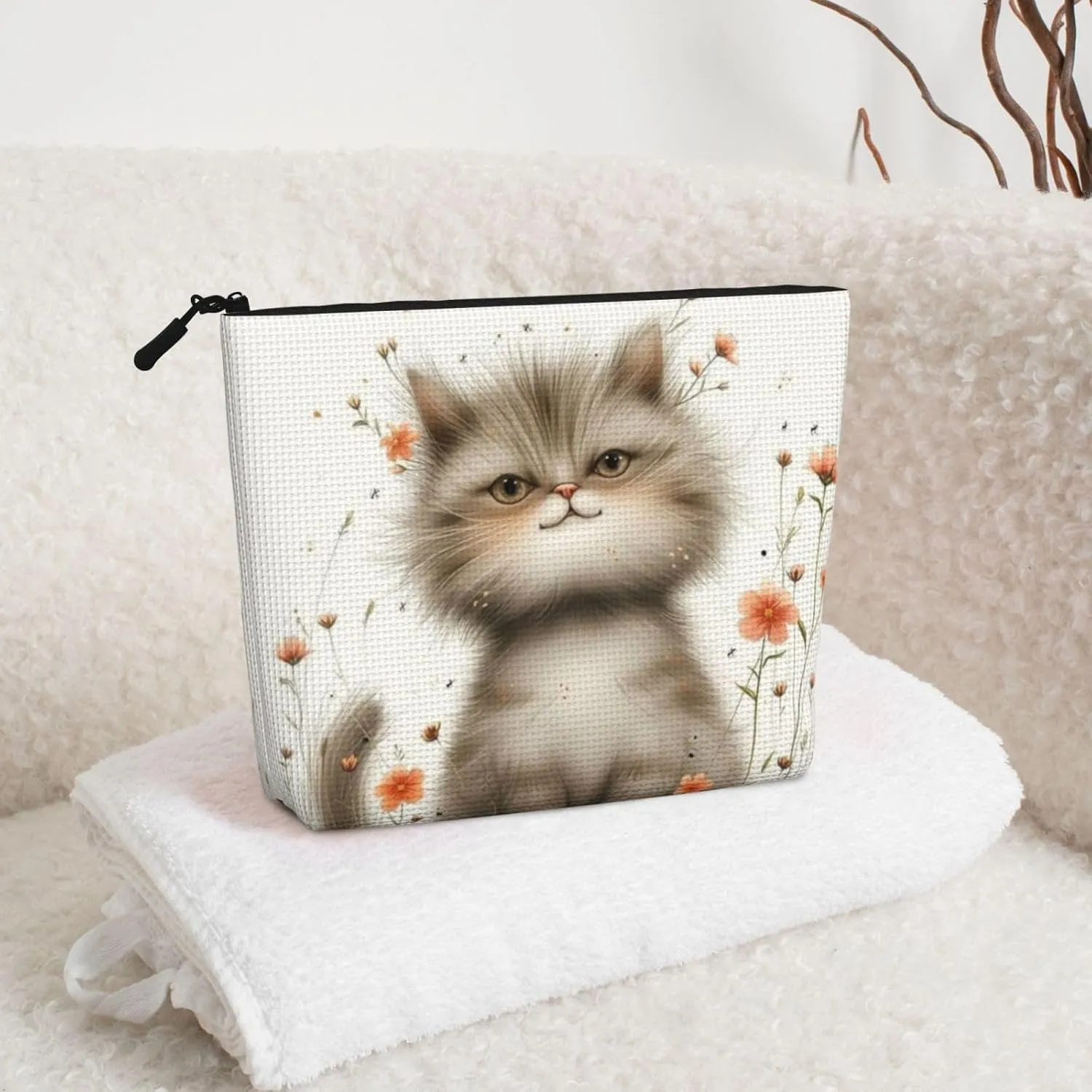 Gray Cat Makeup Bag, Large Capacity Travel Makeup Bag For Women, Waterproof Single-Ply Imitation Hemp Portable Zipper Cosmetic Bag, Travel Essentials Toiletry Bag，Cosmetic Organizer Pouch