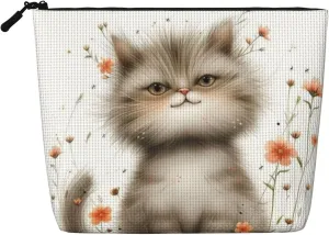 Gray Cat Makeup Bag, Large Capacity Travel Makeup Bag For Women, Waterproof Single-Ply Imitation Hemp Portable Zipper Cosmetic Bag, Travel Essentials Toiletry Bag，Cosmetic Organizer Pouch
