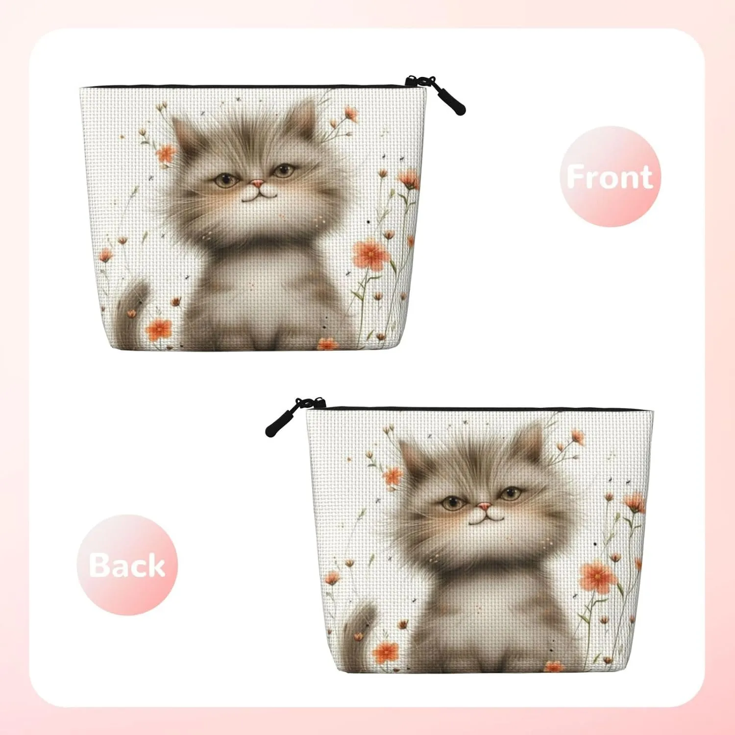Gray Cat Makeup Bag, Large Capacity Travel Makeup Bag For Women, Waterproof Single-Ply Imitation Hemp Portable Zipper Cosmetic Bag, Travel Essentials Toiletry Bag，Cosmetic Organizer Pouch