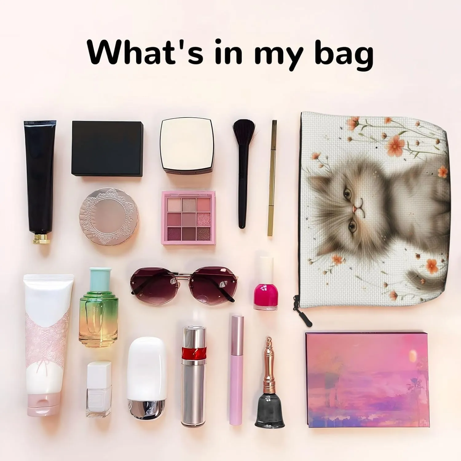 Gray Cat Makeup Bag, Large Capacity Travel Makeup Bag For Women, Waterproof Single-Ply Imitation Hemp Portable Zipper Cosmetic Bag, Travel Essentials Toiletry Bag，Cosmetic Organizer Pouch