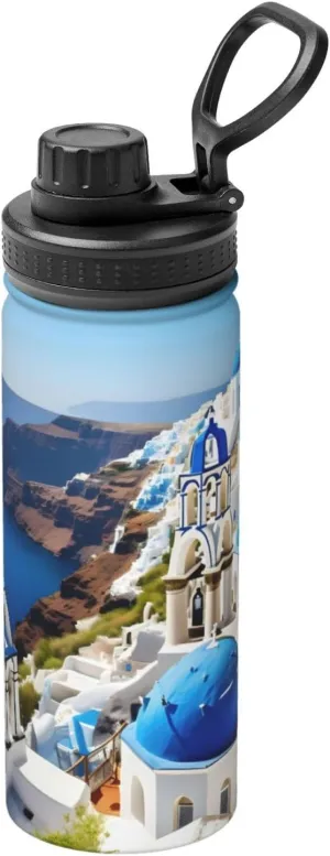Greek Island sea View Sports Insulated Water Bottle - Premium 18 oz. Stainless Steel Hydration Bottle for Outdoor Enthusiasts