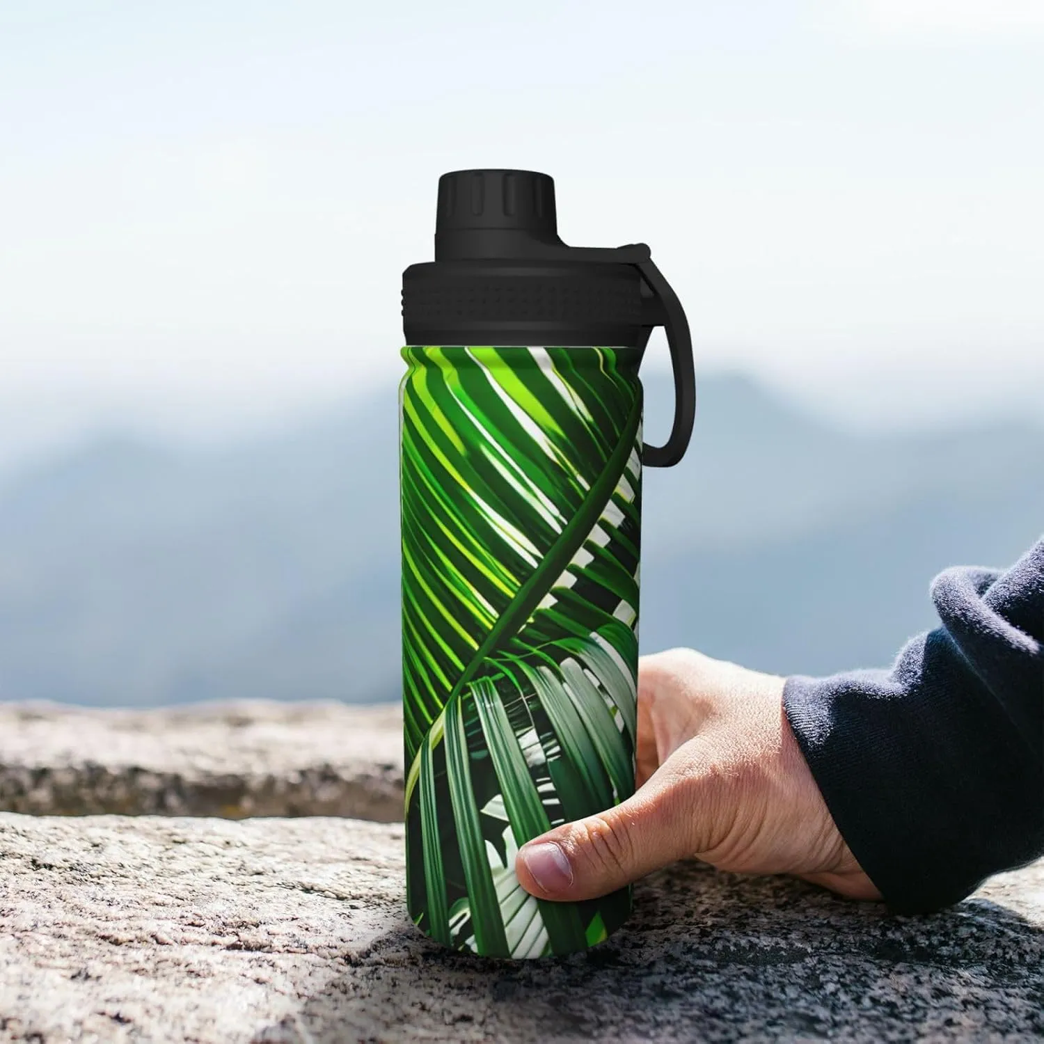 Green Tropical Jungle Plant 18oz Sports Insulated Kettle Stainless Steel Water Bottles For Running Hiking Cycling Climbing