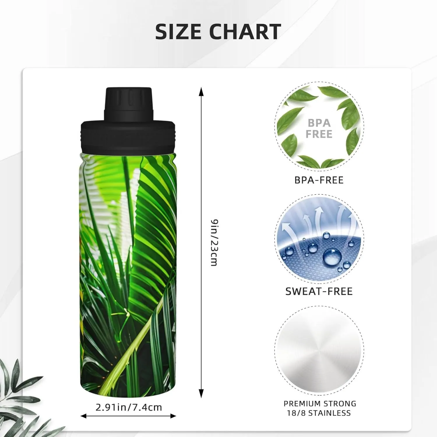 Green Tropical Jungle Plant 18oz Sports Insulated Kettle Stainless Steel Water Bottles For Running Hiking Cycling Climbing