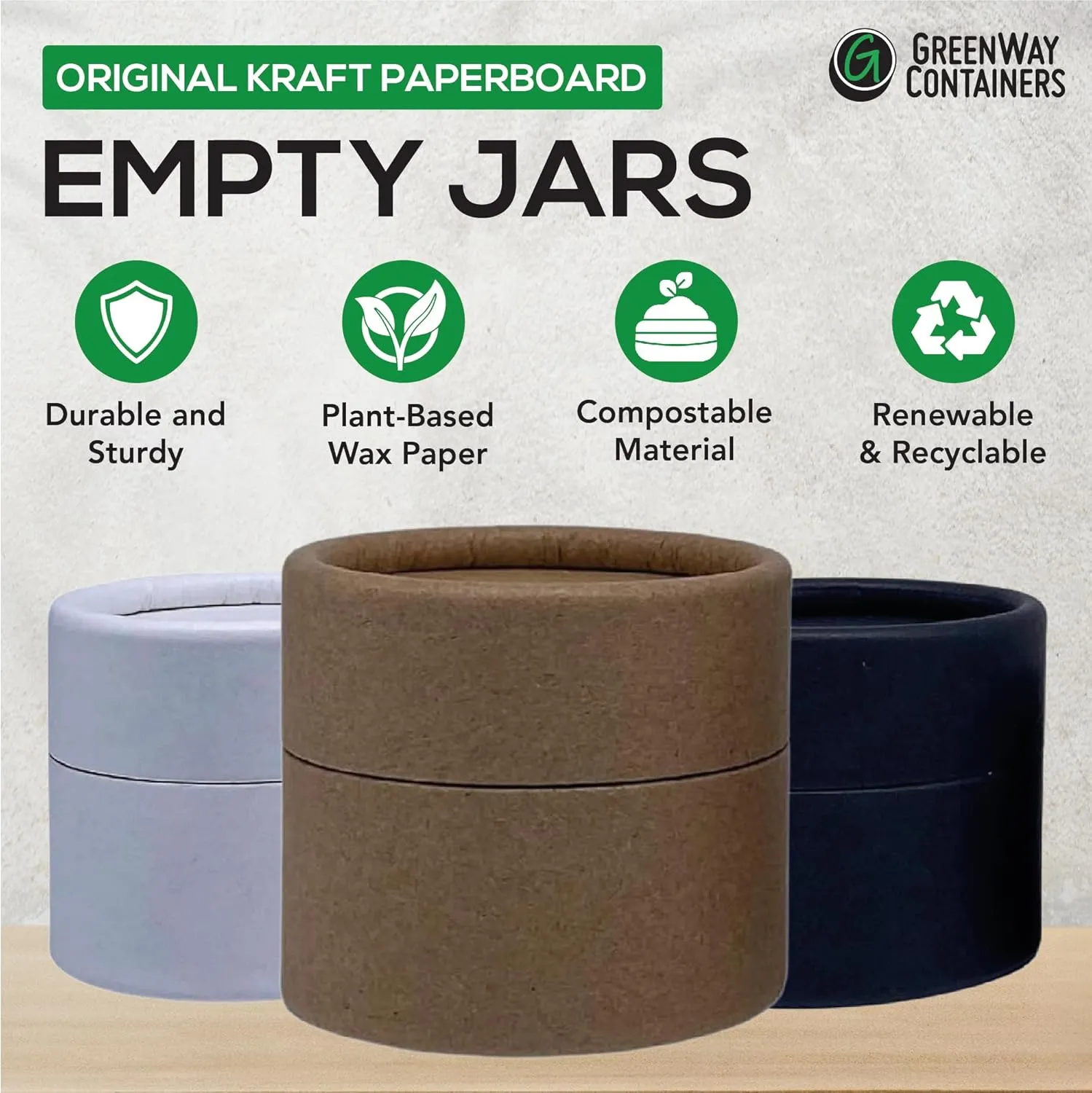 GreenWay 2oz / 60g Kraft Paperboard Empty Jars with Lids - 6 Pack Biodegradable Jars Refillable DIY Cosmetic Containers – Wax Lined Packaging Containers with Snug-Fitting Caps - Brown