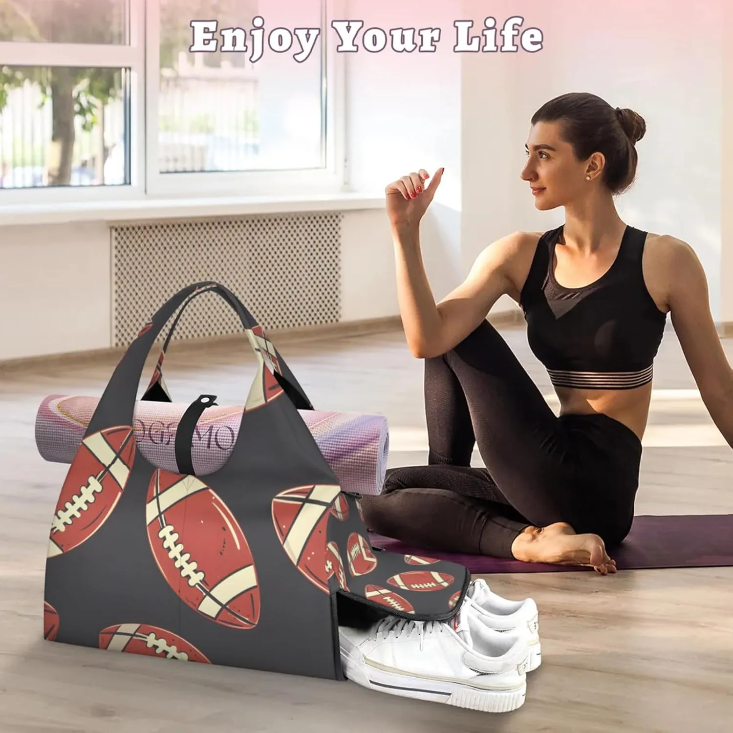 Gym Bag for Women Footballs Theme Duffel Bag with Shoe Compartment and Yoga Mat Holder Portable Weekender Bags Travel Tote Bags