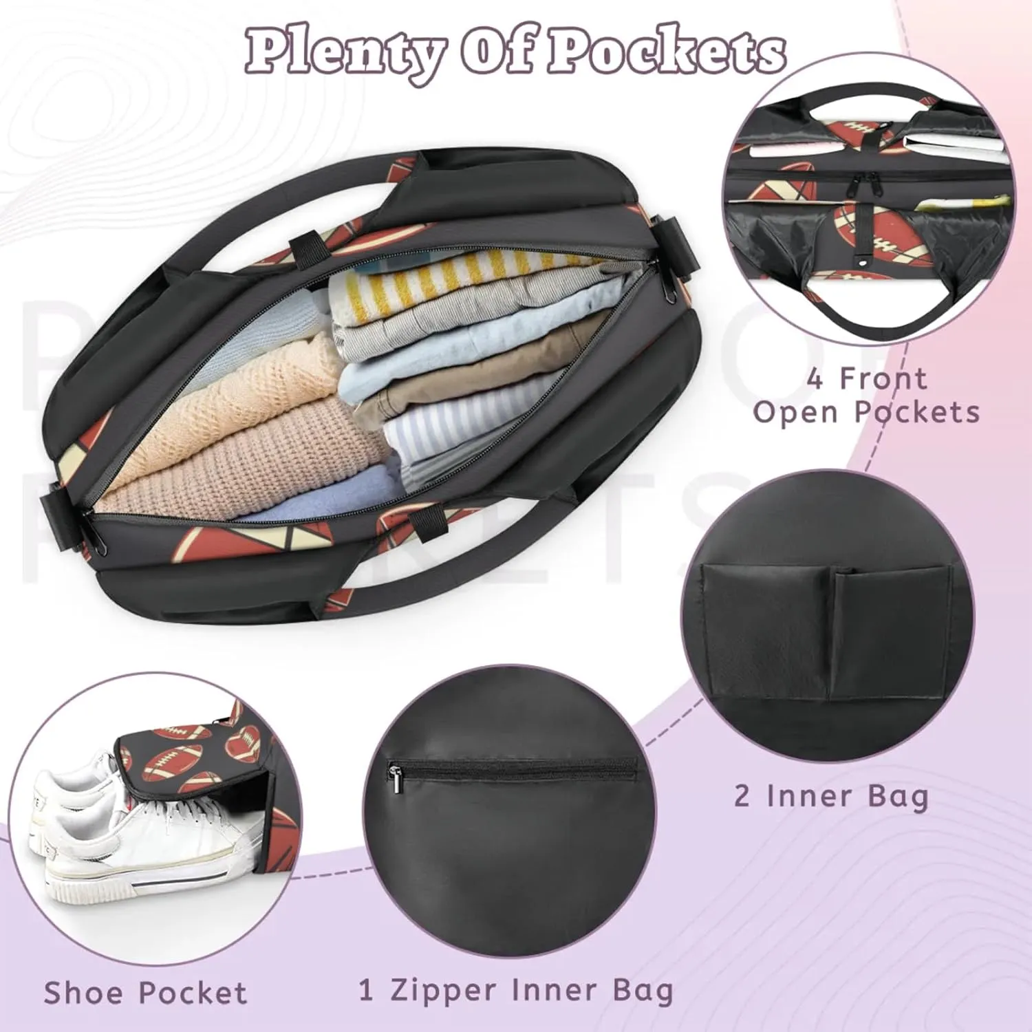 Gym Bag for Women Footballs Theme Duffel Bag with Shoe Compartment and Yoga Mat Holder Portable Weekender Bags Travel Tote Bags