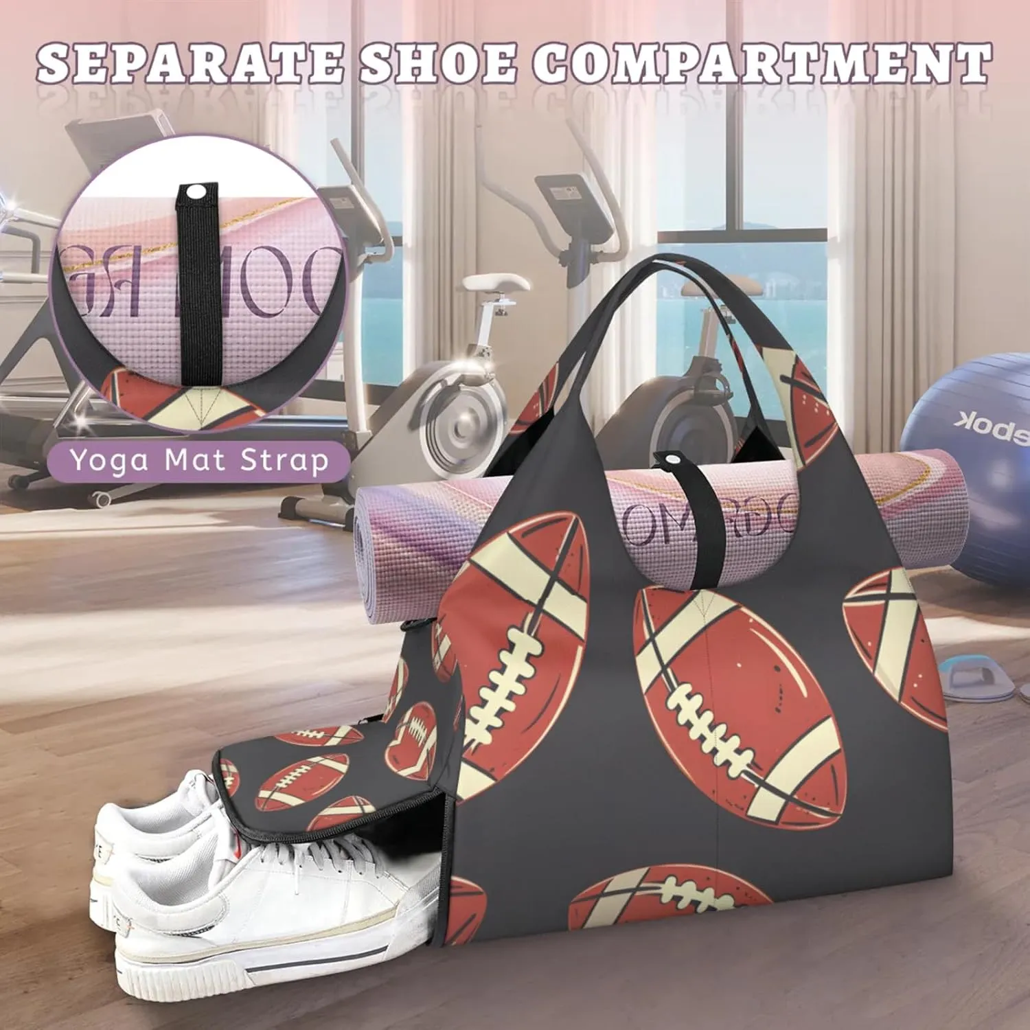 Gym Bag for Women Footballs Theme Duffel Bag with Shoe Compartment and Yoga Mat Holder Portable Weekender Bags Travel Tote Bags