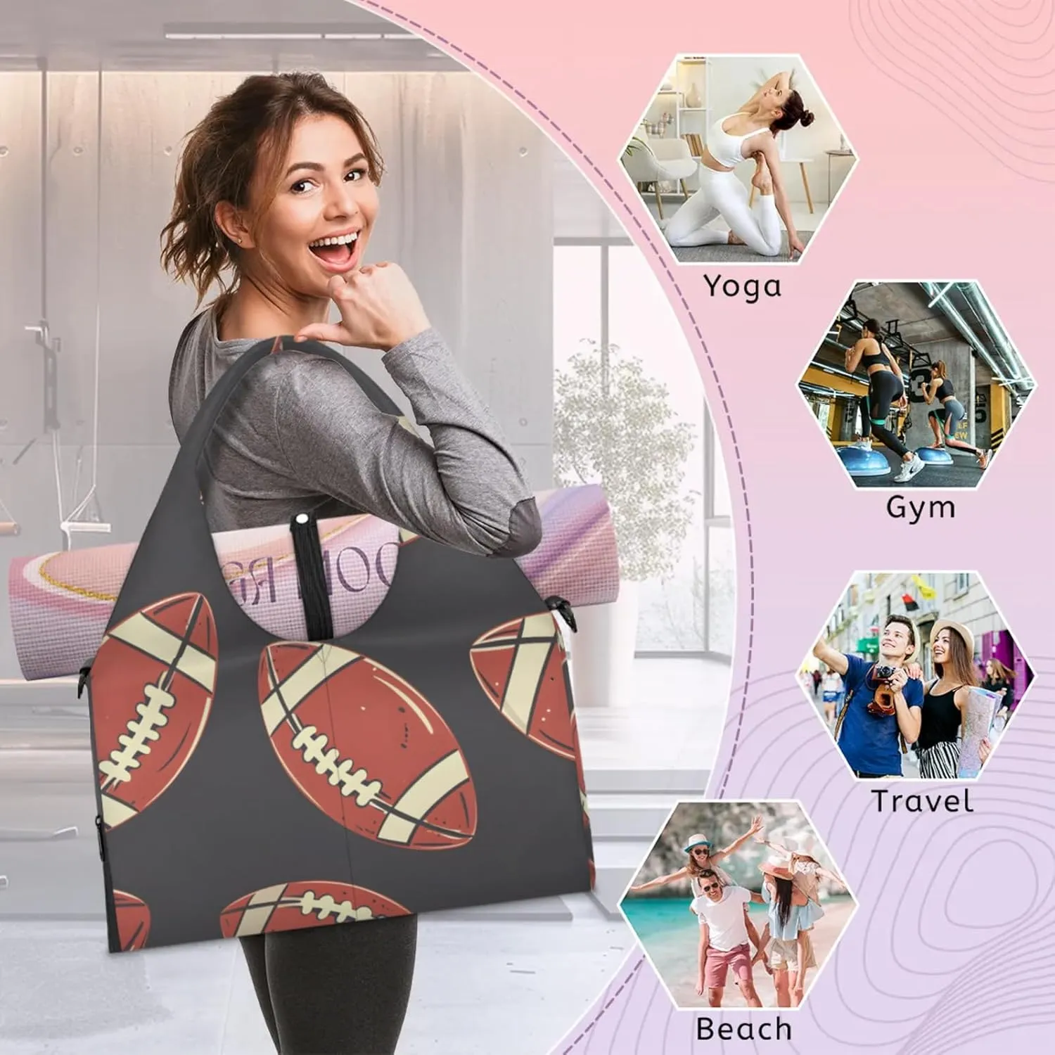 Gym Bag for Women Footballs Theme Duffel Bag with Shoe Compartment and Yoga Mat Holder Portable Weekender Bags Travel Tote Bags