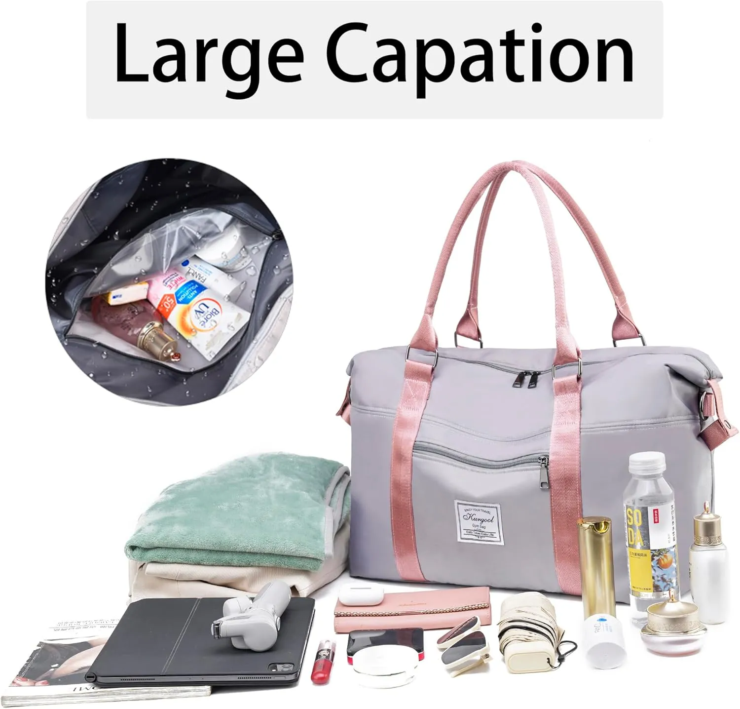 Gym Bag with Wet Pocket, Foldable Travel Duffle Bag Carry On Weekender Bags for Women, Waterproof Overnight Bag for Travel, Gym, Yoga