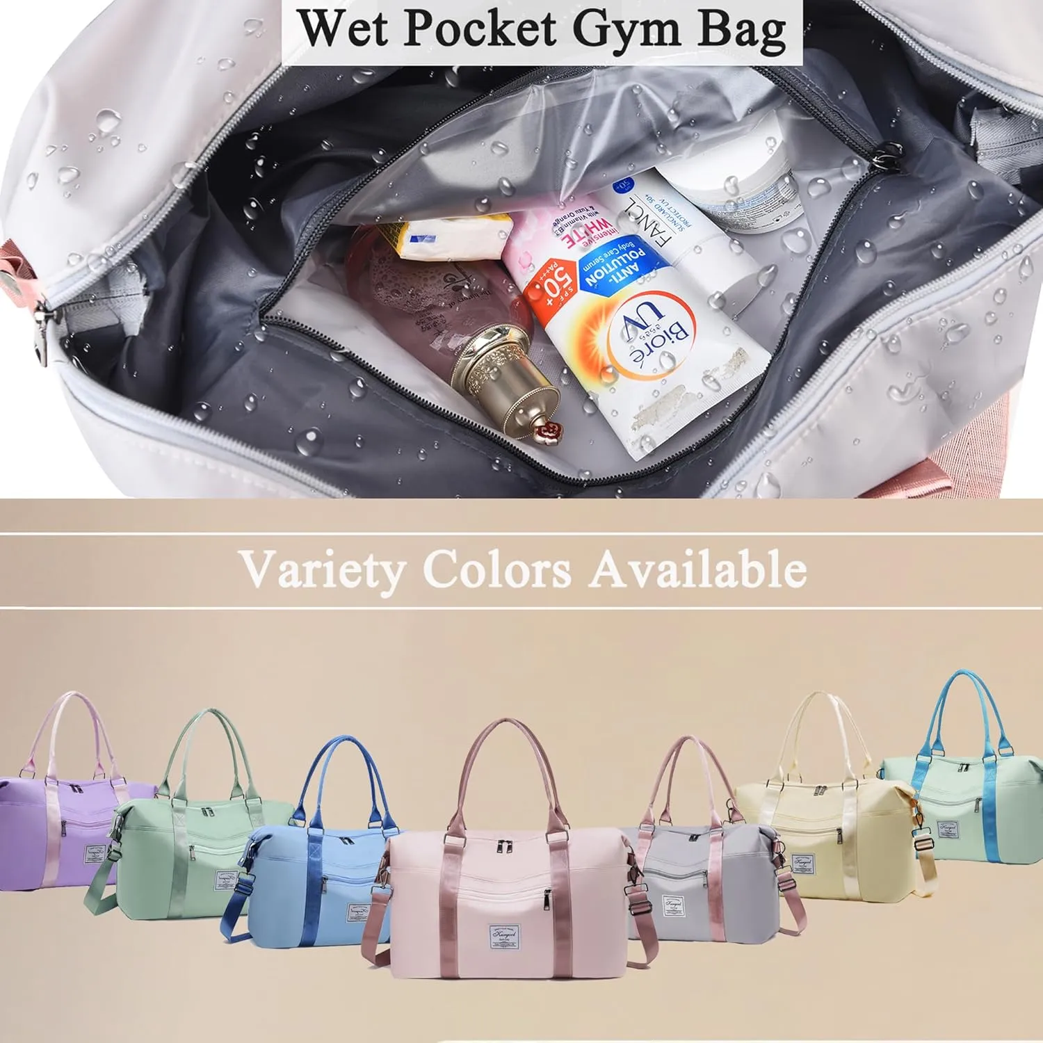 Gym Bag with Wet Pocket, Foldable Travel Duffle Bag Carry On Weekender Bags for Women, Waterproof Overnight Bag for Travel, Gym, Yoga
