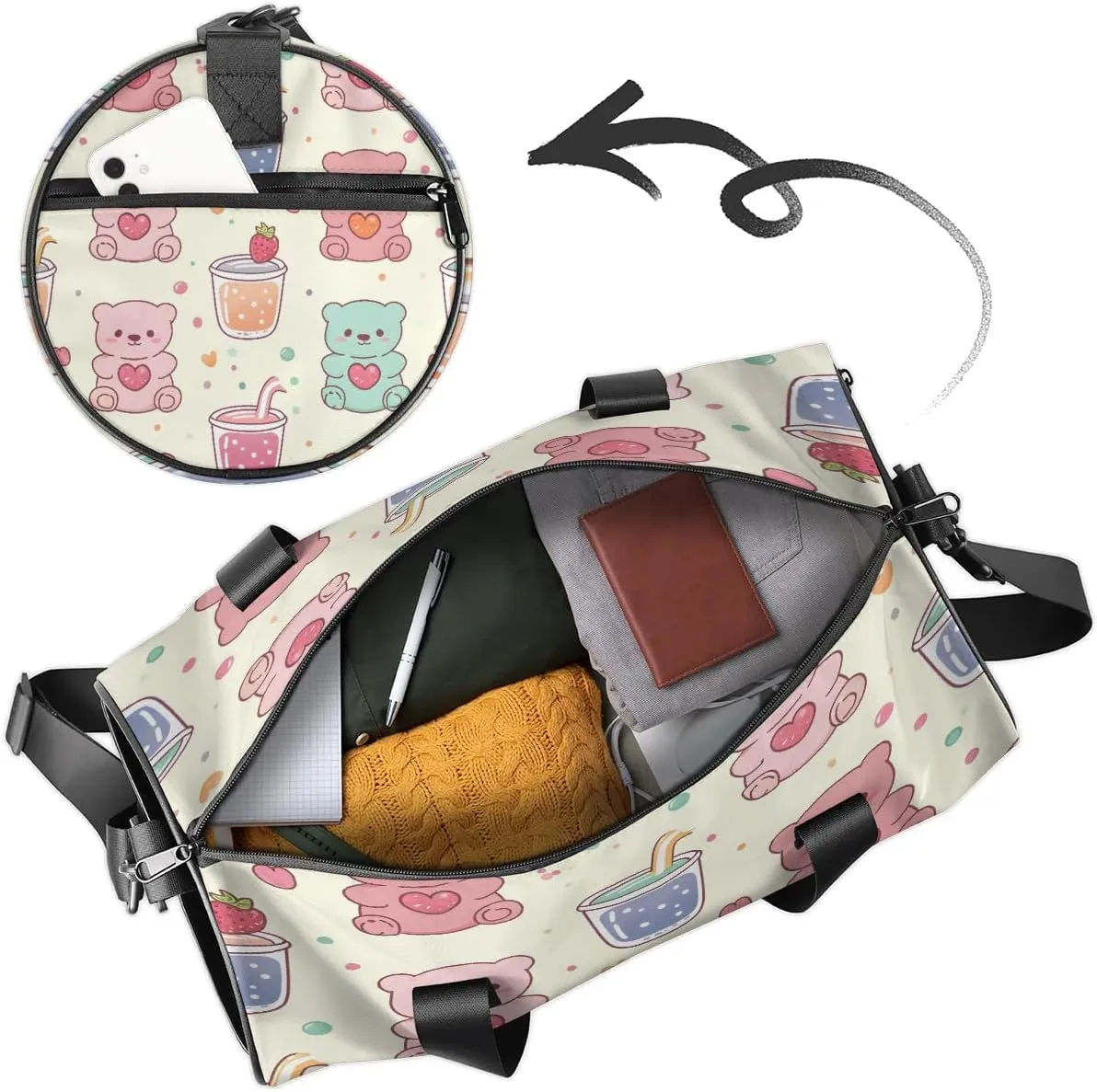 Gym Bags for Men Women Cute Bears Theme Sports Duffel Bags Carry On Travel Duffle Bag with Detachable Adjustable Shoulder Strap Overnight Weekender Bag