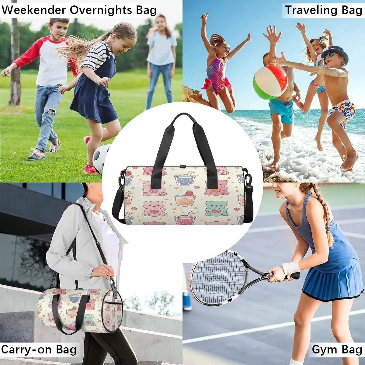 Gym Bags for Men Women Cute Bears Theme Sports Duffel Bags Carry On Travel Duffle Bag with Detachable Adjustable Shoulder Strap Overnight Weekender Bag