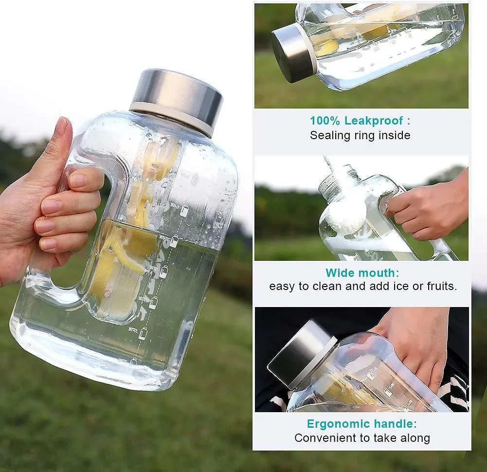 Half Gallon Water Bottle with Infuser, BPA Free 84oz Large Water Bottle Dishwasher Safe Hydration with Motivational Time Mark Leak-Proof 2.5L Sports Water Bottle for Camping Sports Workouts(Clear)