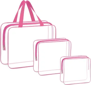 HAOGUAGUA 3 Pieces Large Clear Travel Bags for Toiletries, Waterproof Clear Plastic Cosmetic Makeup Bags, Transparent Packing Organizer Storage Bags (Pink)