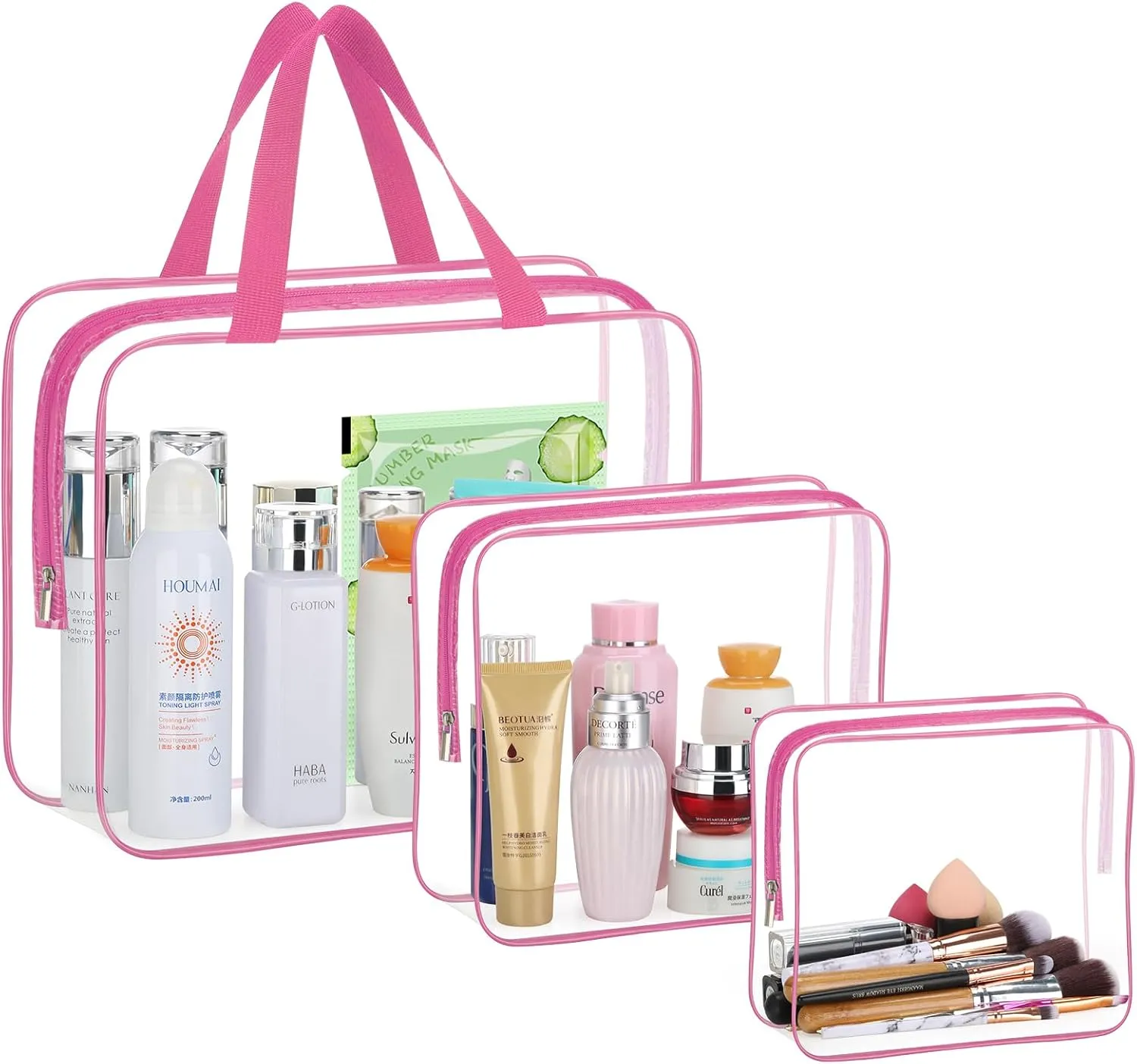 HAOGUAGUA 3 Pieces Large Clear Travel Bags for Toiletries, Waterproof Clear Plastic Cosmetic Makeup Bags, Transparent Packing Organizer Storage Bags (Pink)