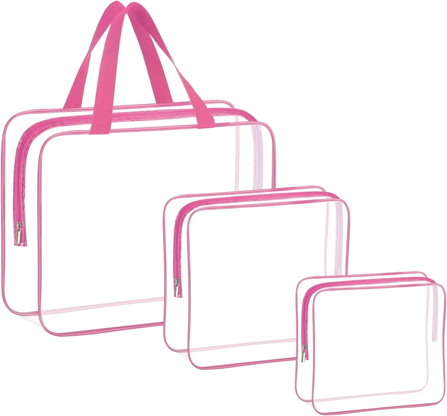 HAOGUAGUA 3 Pieces Large Clear Travel Bags for Toiletries, Waterproof Clear Plastic Cosmetic Makeup Bags, Transparent Packing Organizer Storage Bags (Pink)