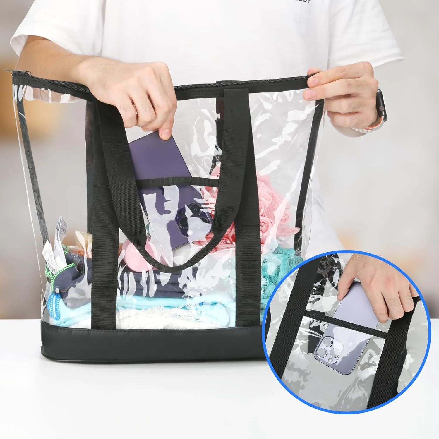HAOGUAGUA Extra Large Clear Cosmetic Toiletry Bag, Large Transparent Plastic PVC Tote Shoulder Bag with Handles (BLACK)