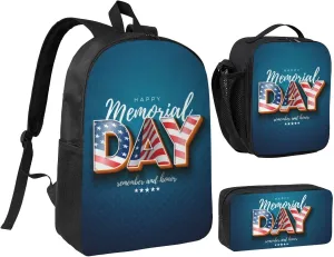 Happy Memorial Day 2025 Remember&Honor Backpack Set Lightweight Laptop Backpack Lunch Bag with Pencil Case for Women Men Travel Work