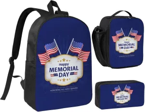 Happy Memorial Day 2025 Remember&Honor Backpack Set Lightweight Laptop Backpack Lunch Bag with Pencil Case for Women Men Travel Work